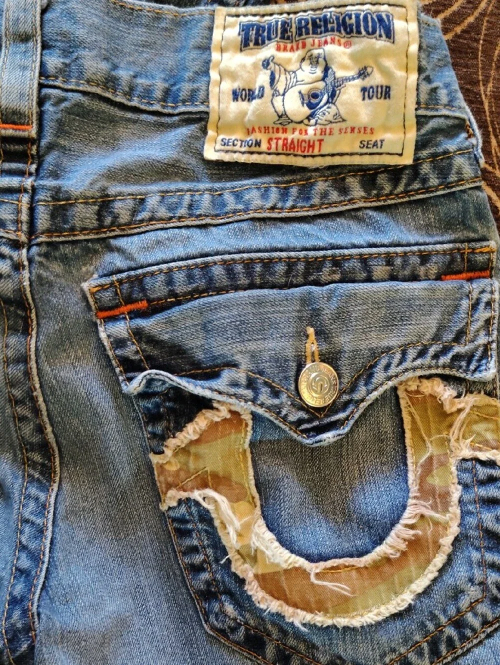 Chief Keef True Religion Camo Pocket Patches Distressed Light Blue Strip Jeans